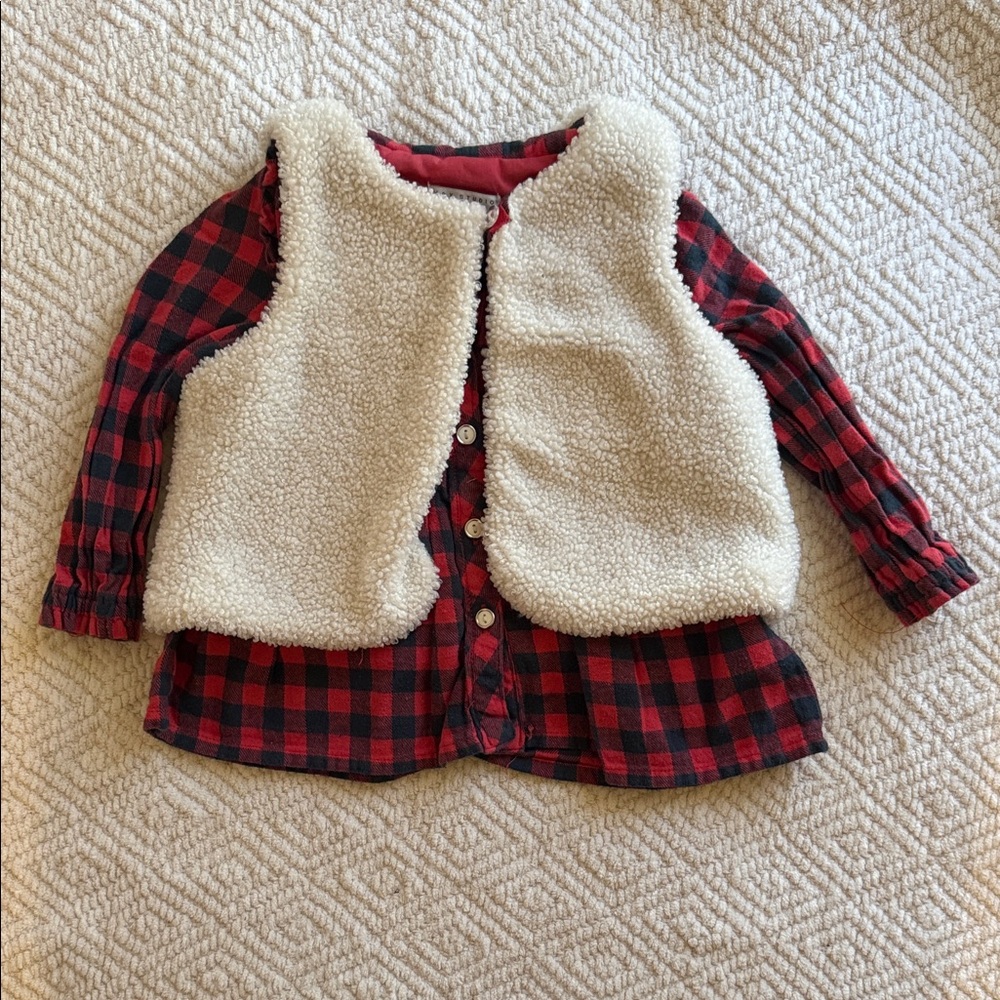 Baby Girl Plaid Shirt & Sherpa Vest